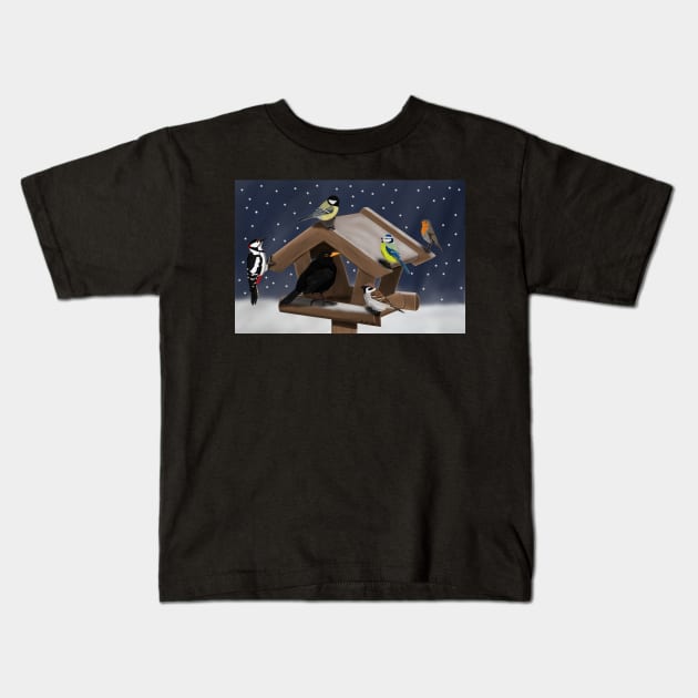 Birds at the Feeder Illustration Kids T-Shirt by jzbirds